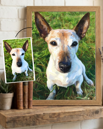 Before and after white dog photo converted into paint by numbers ar