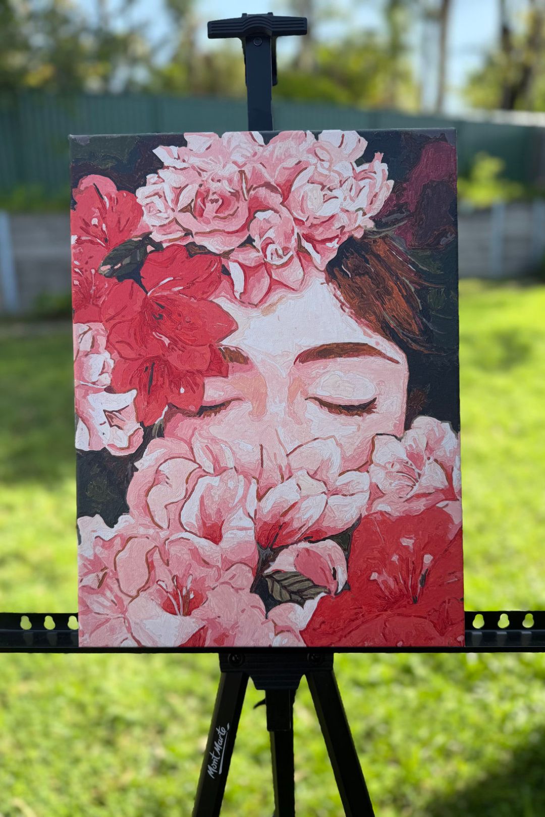 Custom paint by numbers canvas from your photo – floral portrait artwork on easel